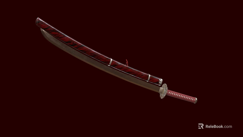 Traditional Japanese Katana With Red Scabbard And Wrapped Handle Steel Blade 3d model 