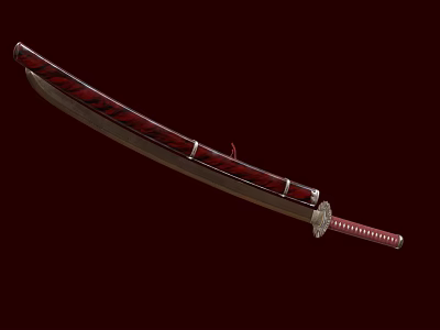 Traditional Japanese Katana With Red Scabbard And Wrapped Handle Steel Blade 3d model