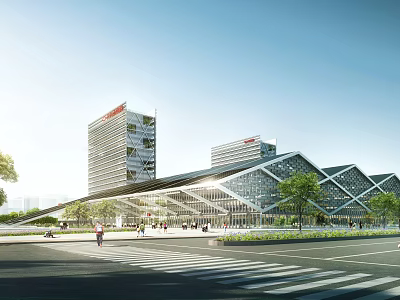 Modern Urban Architecture Exterior With Glass Facade Geometric Roof Tall Buildings Trees And Pedestrians 3d model