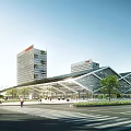 Modern Urban Architecture Exterior With Glass Facade Geometric Roof Tall Buildings Trees And Pedestrians