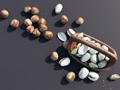 Decorative Ornament Set Featuring Scattered Hazelnuts Pistachios And Wooden Spoon On Dark Background 3d model