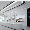 Modern Exhibition Hall Interior Design With Glass Display Counter World Map Screen And Ceiling Lighting