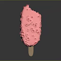 Pink Strawberry Ice Cream Bar With Red Berry Bits On Wooden Stick And Creamy Texture
