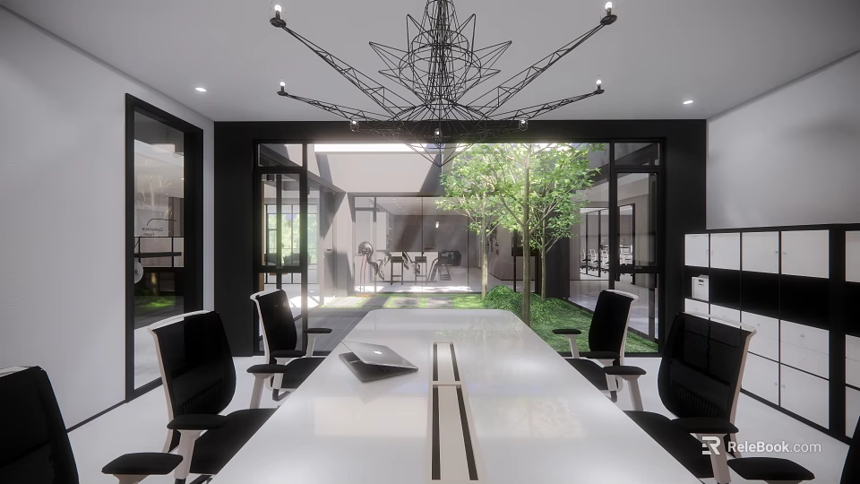 Modern Conference Room Interior With Large White Table Black Chairs Chandelier And Indoor Green Plant 3d model 
