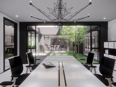 Modern Conference Room Interior With Large White Table Black Chairs Chandelier And Indoor Green Plant 3d model