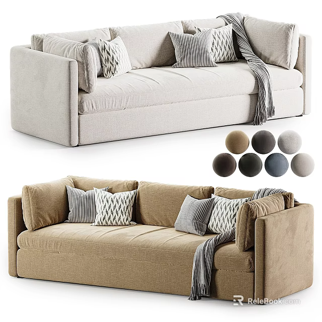 Modern Comfortable Sofa With Beige Brown Upholstery Accent Cushions Gray Throws And Color Sample Balls 3d model 
