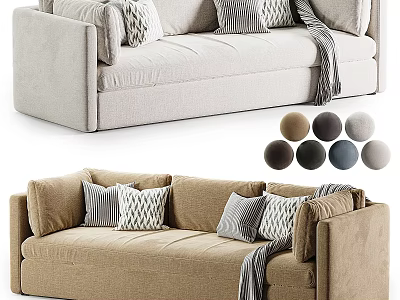 Modern Comfortable Sofa With Beige Brown Upholstery Accent Cushions Gray Throws And Color Sample Balls 3d model