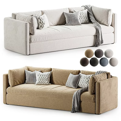 Modern Comfortable Sofa With Beige Brown Upholstery Accent Cushions Gray Throws And Color Sample Balls 3d model