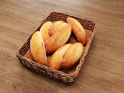 Fresh Baked Bread Loaves In Wicker Basket On Wooden Table 3d model