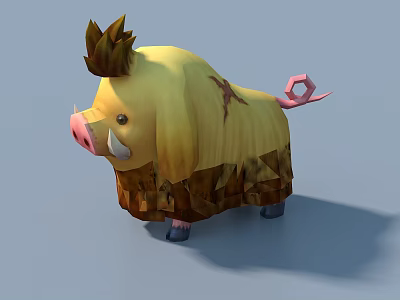 Animated Game Character With Yellow Body Brown Mane White Tusks And Pink Knot Tail 3d model