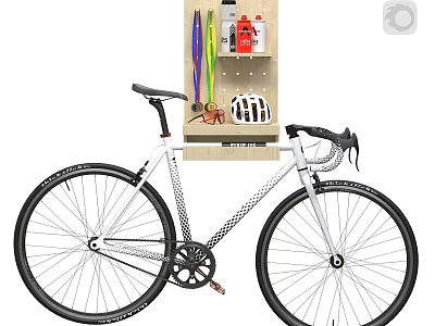Stylish White Road Bicycle With Wall Mounted Storage Rack And Colorful Tools White Helmet 3d model