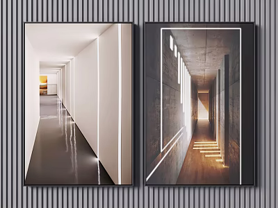 Modern Corridor Wall Art With Bright Dark Interiors Lighting And Floors 3d model