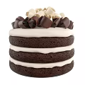 Three Layer Chocolate Cake With White Cream Layers And Chocolate Curls White Shavings