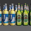 Snow And Tsingtao Beer Bottles With Blue Green Labels Arranged On White Background