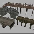 3D Models of Various Stone and Wooden Bridges with Arch Railings and Steps
