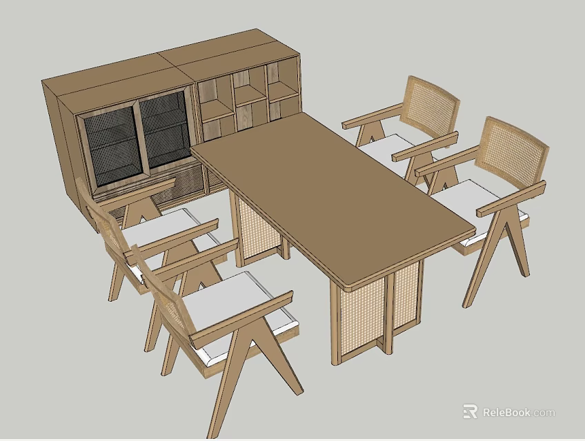 Wooden Dining Table Set With Four Woven Chairs And Storage Cabinet 3d model 