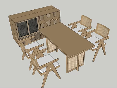 Wooden Dining Table Set With Four Woven Chairs And Storage Cabinet 3d model