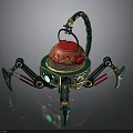 Ornate Mechanical Device With Red Teapot Top Green Structure Mechanical Legs And Golden Decorations
