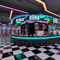 Modern Indoor Playground With Neon Lights Game Machines Vending Machines And Checkered Floor