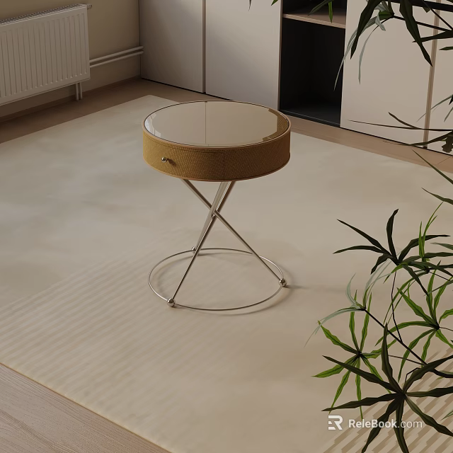 Modern Round Top Bedside Table On Carpet With Brown Drawer And Metal Legs Near Plant 3d model 
