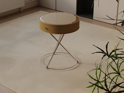 Modern Round Top Bedside Table On Carpet With Brown Drawer And Metal Legs Near Plant 3d model