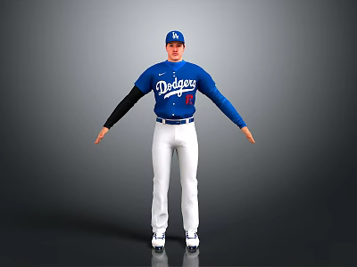 Man in Blue Dodgers Jersey Number 4 Black Sleeves Blue Cap White Pants Standing Pose 3d model
