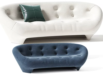 White And Blue Sectional Sofa With Woven Plush Texture Curved Design And Green Cushion 3d model