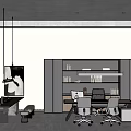Modern Office Workspace With Wooden Bookshelves Desk Chairs And Potted Plant