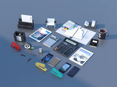 Assorted Office Supplies And Electronic Devices Including Calculators Tablets Phones Printers Stationery And Coffee Mug 3d model