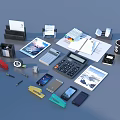 Assorted Office Supplies And Electronic Devices Including Calculators Tablets Phones Printers Stationery And Coffee Mug