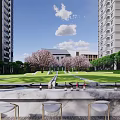 Modern Residential Landscape With Grass Lawn Trees Water Feature And Stone Pathways