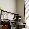 Modern Home Office Desk With Shelf Lamp Notebook Chair Green Plant And Artwork