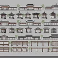 Traditional Chinese Garden Pavilions With Various Roof Designs Wooden Structures And Surrounding Trees