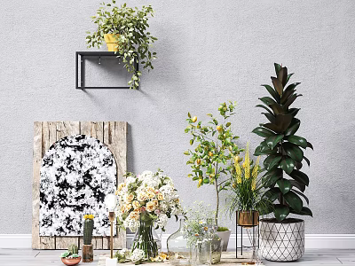 Decorative Vases With Colorful Flowers And Green Plants For Indoor Home Decor 3d model