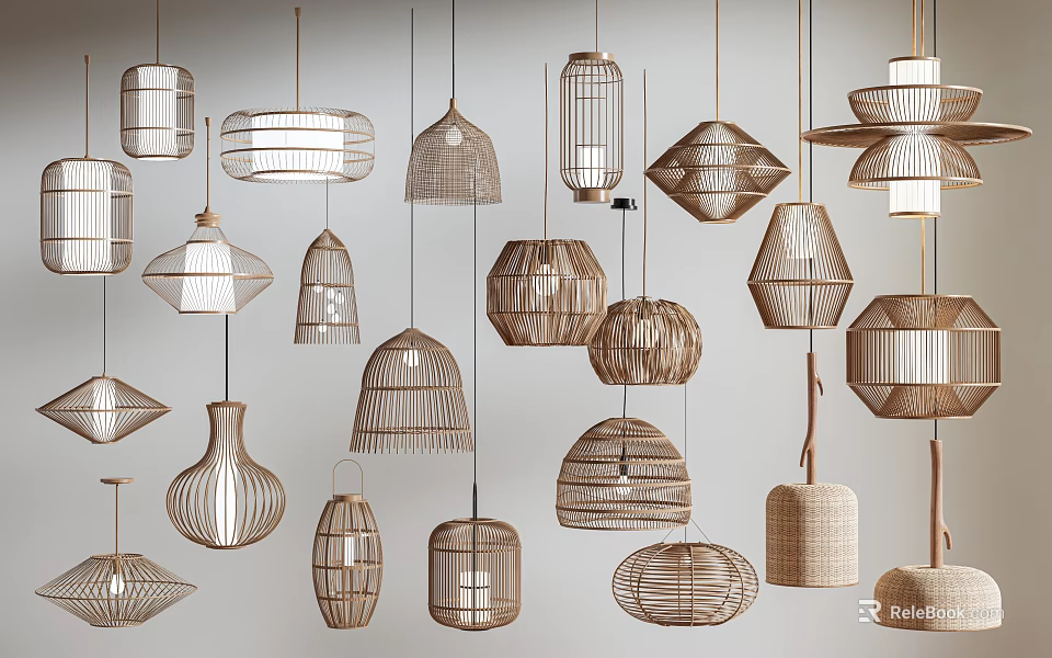 Modern Woven Pendant Lights Featuring Various Geometric Shapes And Natural Textures 3d model 