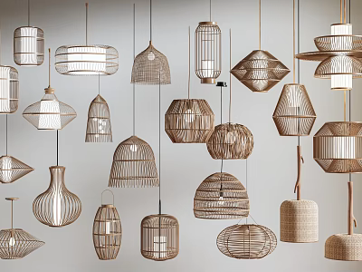 Modern Woven Pendant Lights Featuring Various Geometric Shapes And Natural Textures 3d model