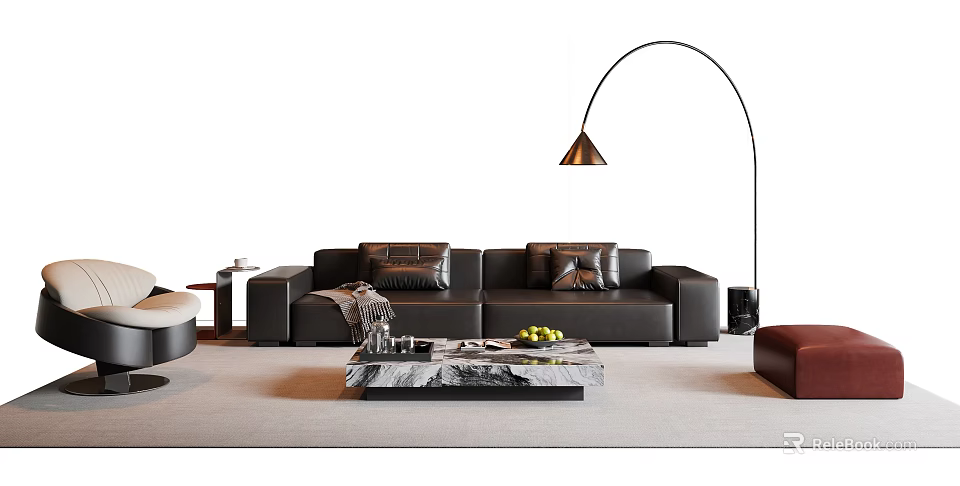 Stylish Black Leather Sofa And Coffee Table Combo With Marble Top And Arched Floor Lamp 3d model 