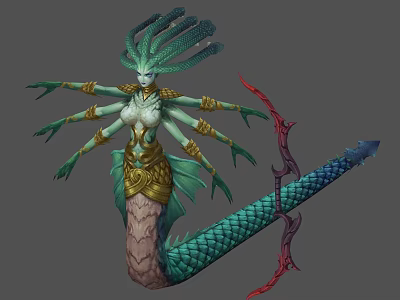 Fantasy Multi Armed Creature With Serpent Tail Green Hair And Golden Ornaments Holding Bow Weapon 3d model