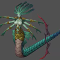 Fantasy Multi Armed Creature With Serpent Tail Green Hair And Golden Ornaments Holding Bow Weapon