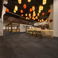 Traditional Chinese Restaurant Interior Design With Hanging Lanterns Decorative Tree Open Counter And Fruit Displays