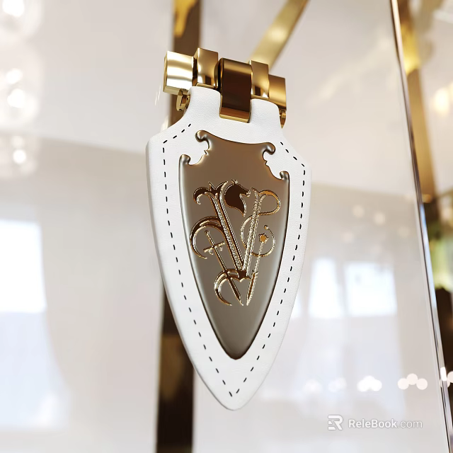 Elegant Display Cabinet Featuring White Leather Decor With Gold Metal Buckle And Letter Pattern 3d model 