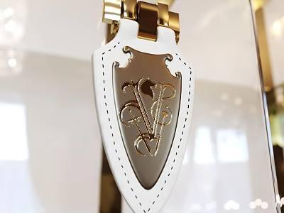 Elegant Display Cabinet Featuring White Leather Decor With Gold Metal Buckle And Letter Pattern 3d model