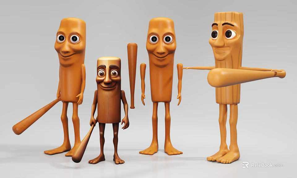 Wooden Game Movie Characters With Expressive Faces In Various Poses Holding Baseball Bats 3d model 