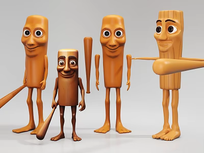 Wooden Game Movie Characters With Expressive Faces In Various Poses Holding Baseball Bats 3d model