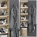 Soft Rolled Towels On Wooden Shelf With Cozy Bathrobe And Bathroom Accessories