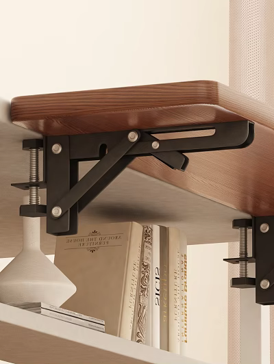 Wooden Tabletop Supported By Black Metal Bracket With Screws Books And Table Lamp 3d model