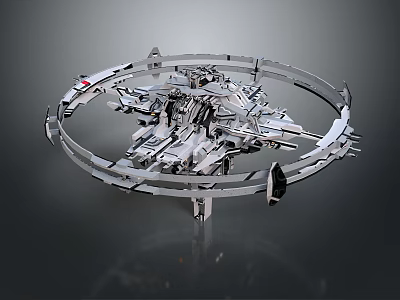 Futuristic Silver Metallic Circular Mechanical Structure With Complex Components And Ring Frame 3d model