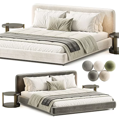 Modern Minimalist Double Bed Design With Upholstered Headboard Pillows Throw Blanket Nightstands And Decorative Balls 3d model