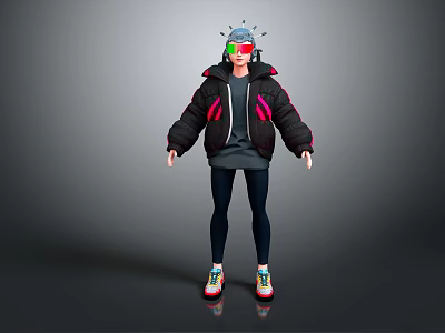 Futuristic Game Movie Character With Lighted Hat Black Jacket Red Glasses And Colorful Sneakers 3d model