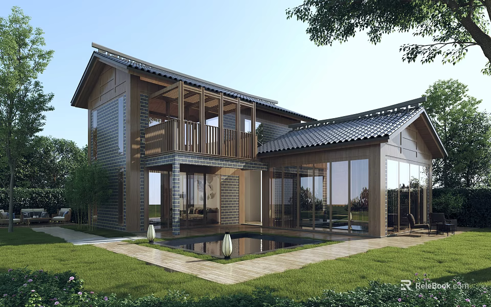 Modern Traditional Detached Villa Featuring Wooden Structure Tile Roof Courtyard Pool And Lawn 3d model 